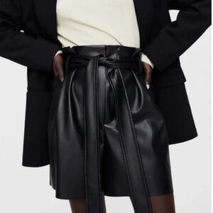 Zara Black Faux Leather Tie-Waist paper bag shorts. Size xs